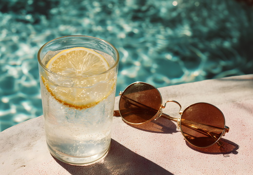 Kaltes Getränk neben Sonnenbrille am Poolrand mit Sonnenschein