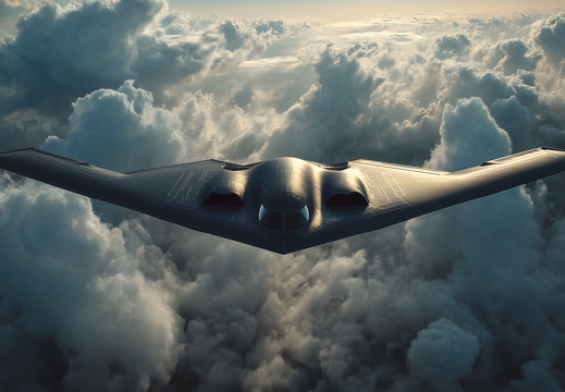 B2 Tarnkappenbomber fliegt über Wolken bei Tageslicht