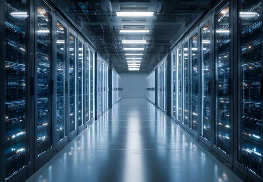 Serverraumflur mit symmetrischen Serverreihen und Deckenbeleuchtung