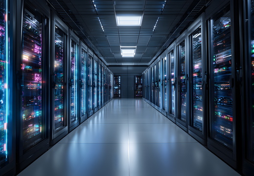 Serverraum mit modernen LED Racks und reflektierendem Boden