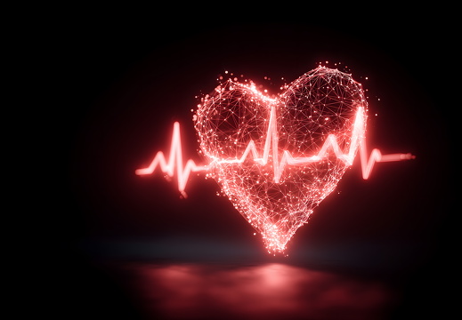 Digitales Netzherz mit EKG Linie auf dunklem Hintergrund