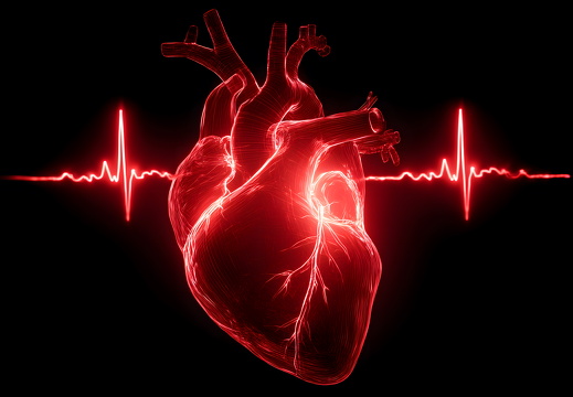 Leuchtendes anatomisches Herz mit EKG Linie auf schwarzem Hintergrund