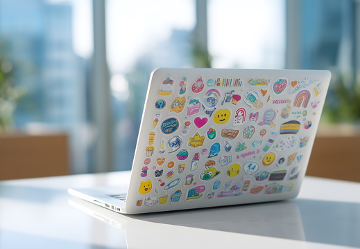 Laptop mit bunten Stickern auf Schreibtisch im Büro
