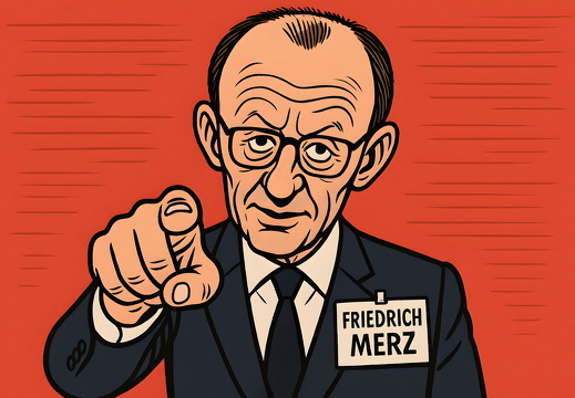 Karikatur von Friedrich Merz mit Fingerzeig und CDU Namensschild