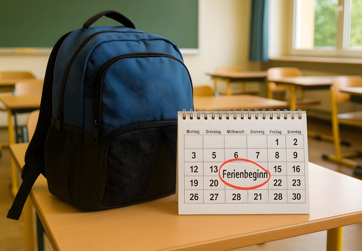 Kalender mit Ferienbeginn und Schulrucksack im Klassenzimmer
