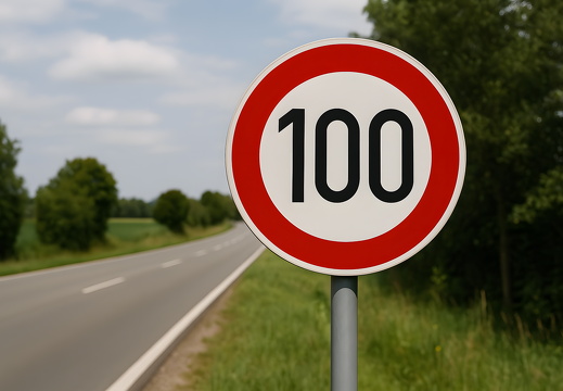 Tempolimit 100 Schild an deutscher Bundesstraße mit Bäumen im Hintergrund