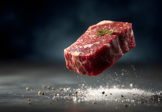 Rindersteak in der Luft mit Salz und Pfeffer auf dunklem Hintergrund