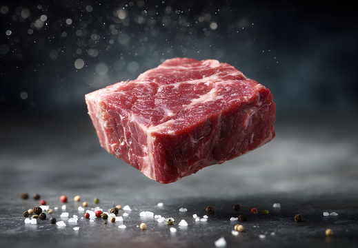 Schwebeeffekt mit rohem Rindersteak und Pfeffer auf dunklem Hintergrund