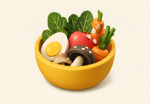 Isometrische Gemüse Bowl mit Ei in gelber Schüssel Cartoonstil