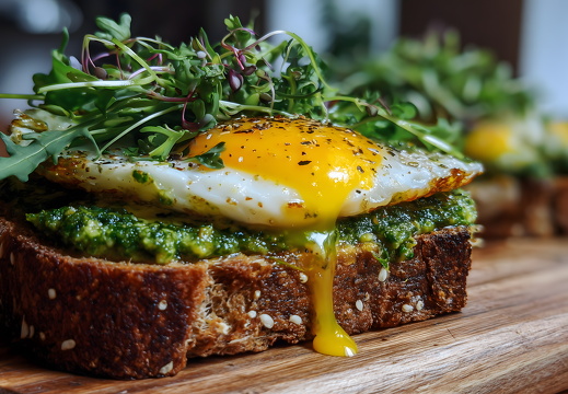 Pesto Brot mit Spiegelei und Rucola auf Holzbrett angerichtet