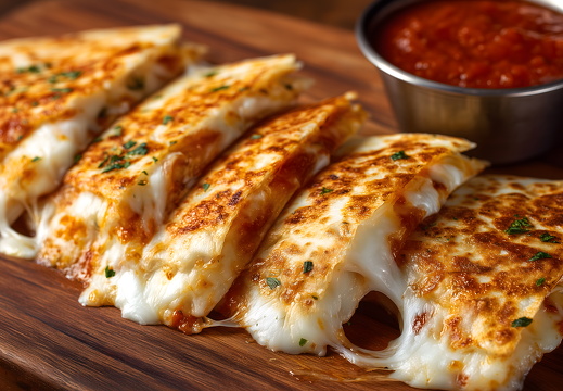 Käsige Quesadillas mit Kräutern und Tomatensauce auf Holzplatte
