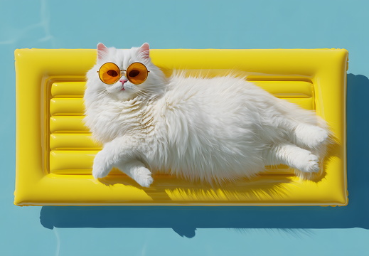 Weiße Langhaarkatze mit Sonnenbrille auf gelber Luftmatratze