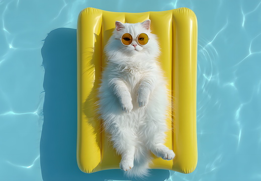 Flauschige weiße Katze mit Sonnenbrille auf Luftmatratze im Pool