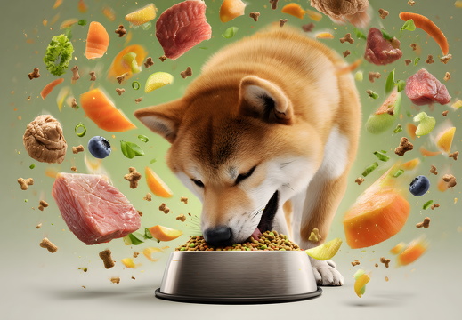 Shiba Inu frisst Trockenfutter mit schwebenden Zutaten