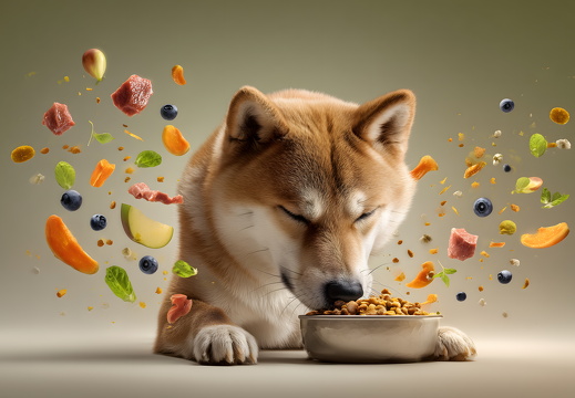 Shiba Inu genießt sein Futter mit geschlossenen Augen