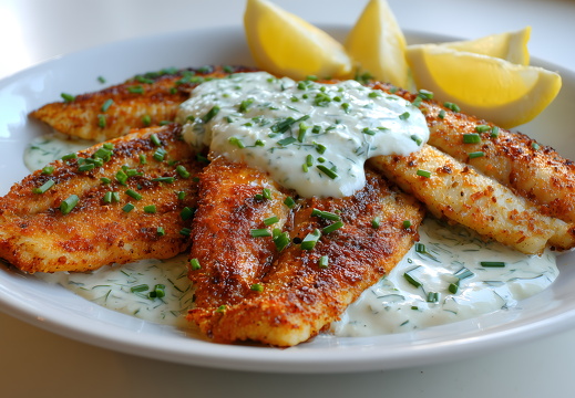 Gebratener Fisch mit Kräutersoße und Zitronenspalten