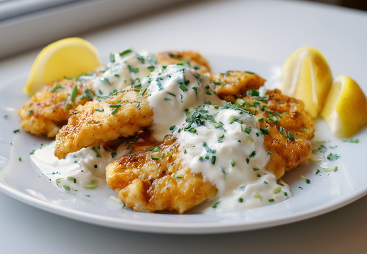 Fischfilets mit Joghurtsoße und Zitronenstücken auf weißem Teller