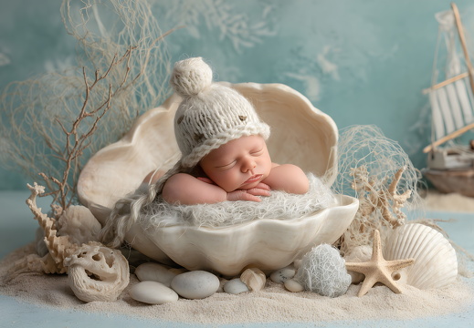 Neugeborenes Baby schläft in Muschel mit Mütze und Deko