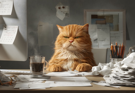Grumpy Cat Kater mit genervtem Blick am chaotischen Büroarbeitsplatz