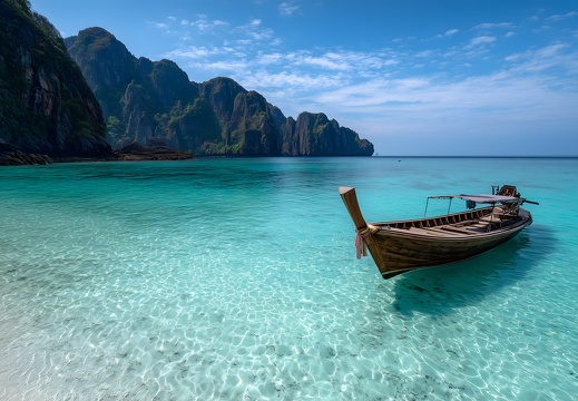 Longtailboot am türkisblauen Wasser in Maya Bay Thailand