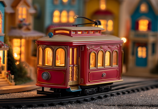 Rote Spielzeugstraßenbahn in Miniaturstadt bei Nacht