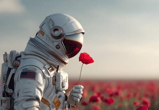 Astronaut mit roter Mohnblume im Feld