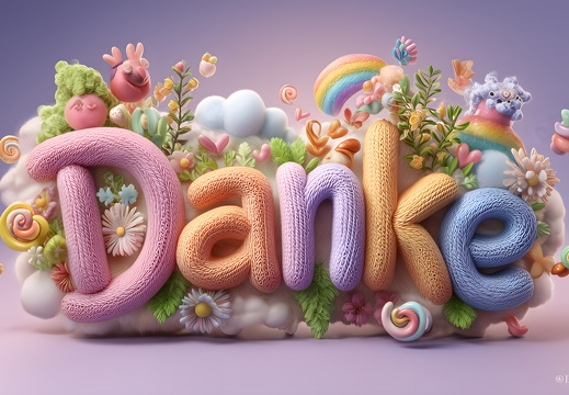 Danke in pastellfarbener Häkeloptik mit Blumen und Regenbogen
