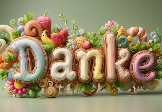 Danke in verspielter 3D-Optik mit Früchten und Blüten