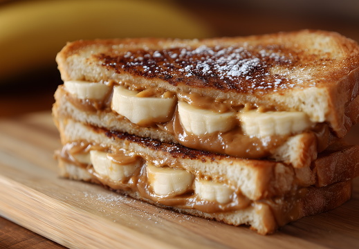 Gegrilltes Erdnussbutter Bananen Sandwich auf Holzbrett