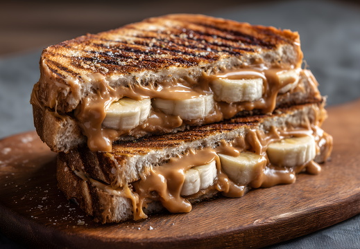 Sandwich mit Banane und geschmolzener Erdnussbutter und Grillmuster