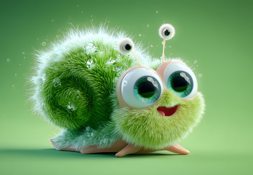 Flauschige grüne Cartoon-Schnecke mit großen Augen