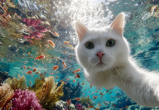 Weiße Katze macht Selfie unter Wasser im Korallenriff