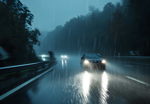 Auto bei Nacht im Regen auf Autobahn