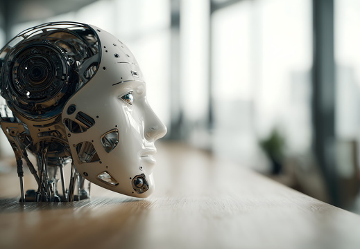 Roboterkopf mit Kabeln auf Schreibtisch