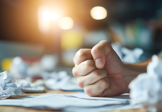 Geballte Faust auf Schreibtisch mit verstreuten Papieren