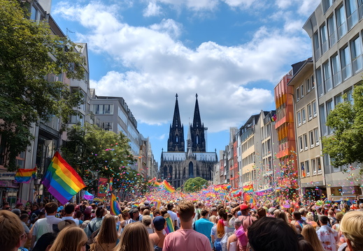 CSD Parade vor dem Kölner Dom mit Regenbogenflaggen