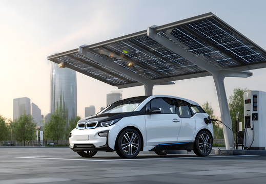 Ladestation für E Auto mit Solarpanels im Hintergrund