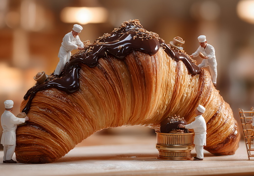 Riesen Croissant mit Miniaturbäckern und Leiter