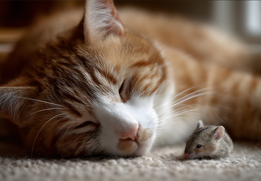 Katze schläft neben lebender Maus auf Teppich