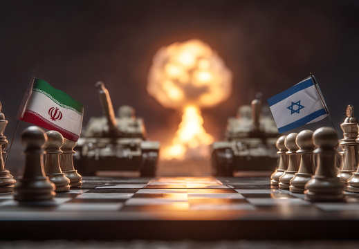 Iran Israel Konflikt auf Schachbrett mit Explosion im Hintergrund