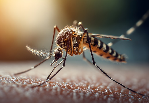 Mücke sticht menschliche Haut in extremer Nahaufnahme