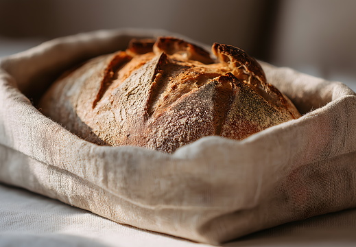 Krustiges Sauerteigbrot im Stoffkorb bei Sonnenlicht