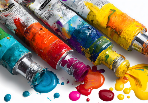Bunte Farbtuben mit ausgelaufener Acrylfarbe auf Weiß