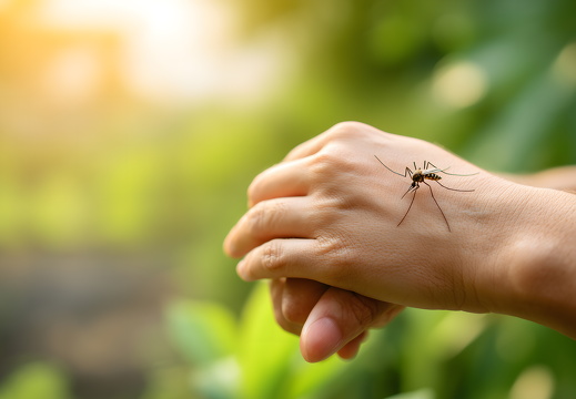 Mücke auf menschlicher Hand im Garten bei Sonnenlicht