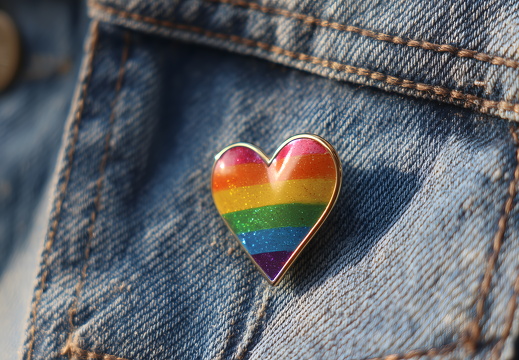 Regenbogen-Herz-Pin auf Jeansjacke mit Glitzereffekt