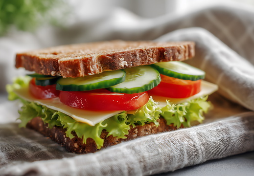 Sandwich mit Salat Tomate Gurke und Schinken auf weißem Hintergrund