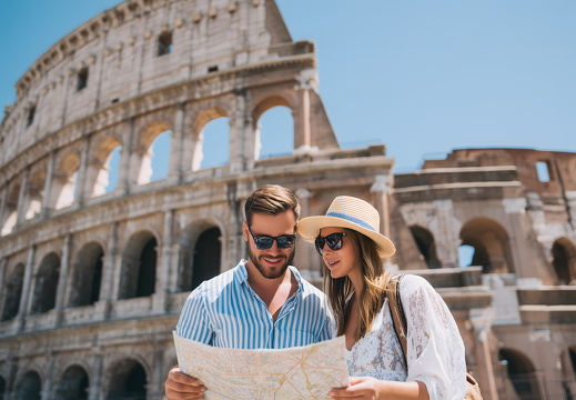 Touristenpaar mit Stadtplan vor Kolosseum in Rom