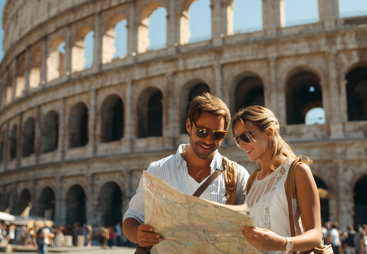 Touristenpaar mit Stadtplan vor Kolosseum in Rom