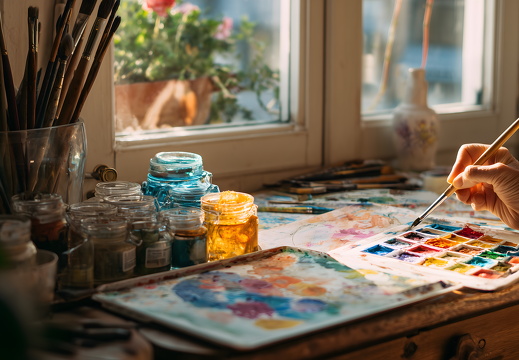 Aquarellmalerei am Fenster mit Künstlerhandl_photo_of_watercolor_painting_at_window_artists_hand_e361d246-df81-4fe2-a980-b9d5b138785d