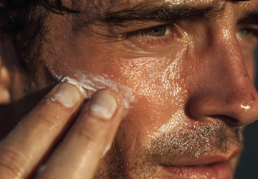 Mann trägt Gesichtscreme im Badezimmer auf